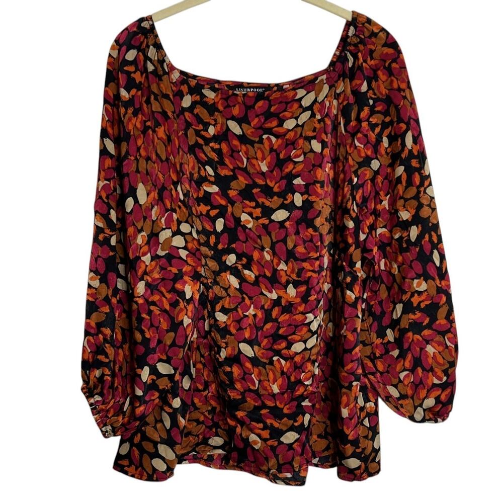 Liverpool Los Angeles Womens Blouse 1X Black Orange Print Square Neck